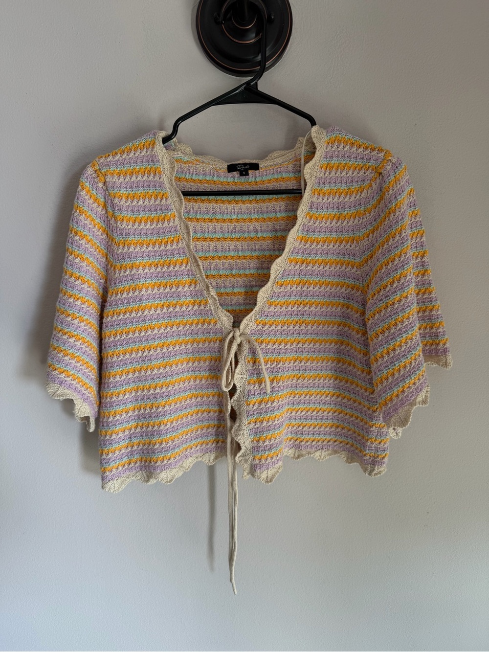 Rails Striped Open Knit Crochet Front-Tie Cardigan Sweater Small - Pastel Crop